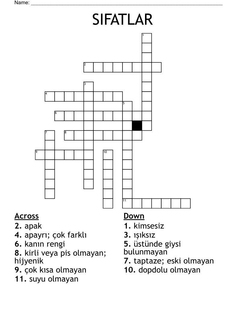 SIFATLAR Crossword