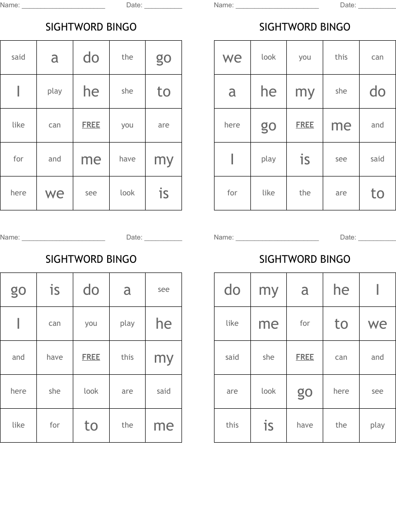 SIGHTWORD BINGO