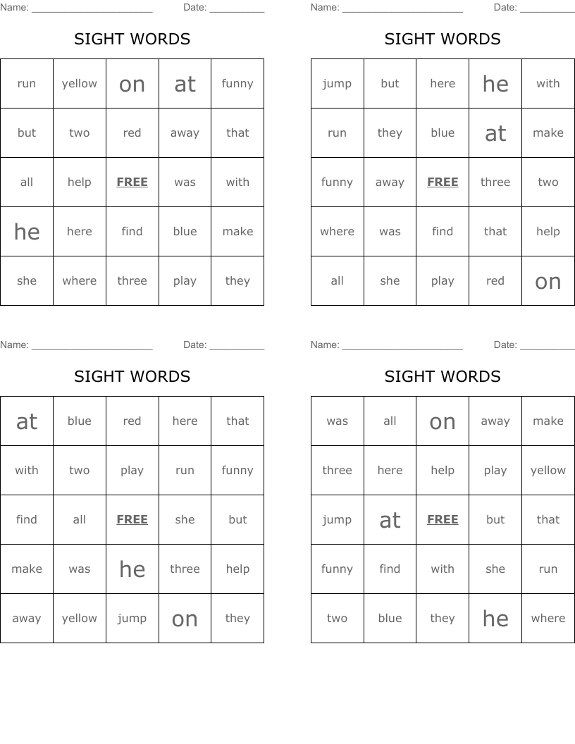 SIGHT WORDS Bingo Cards