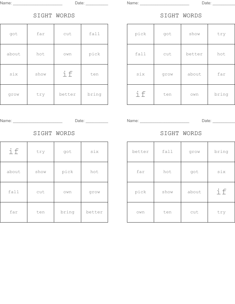 SIGHT WORDS Bingo Cards