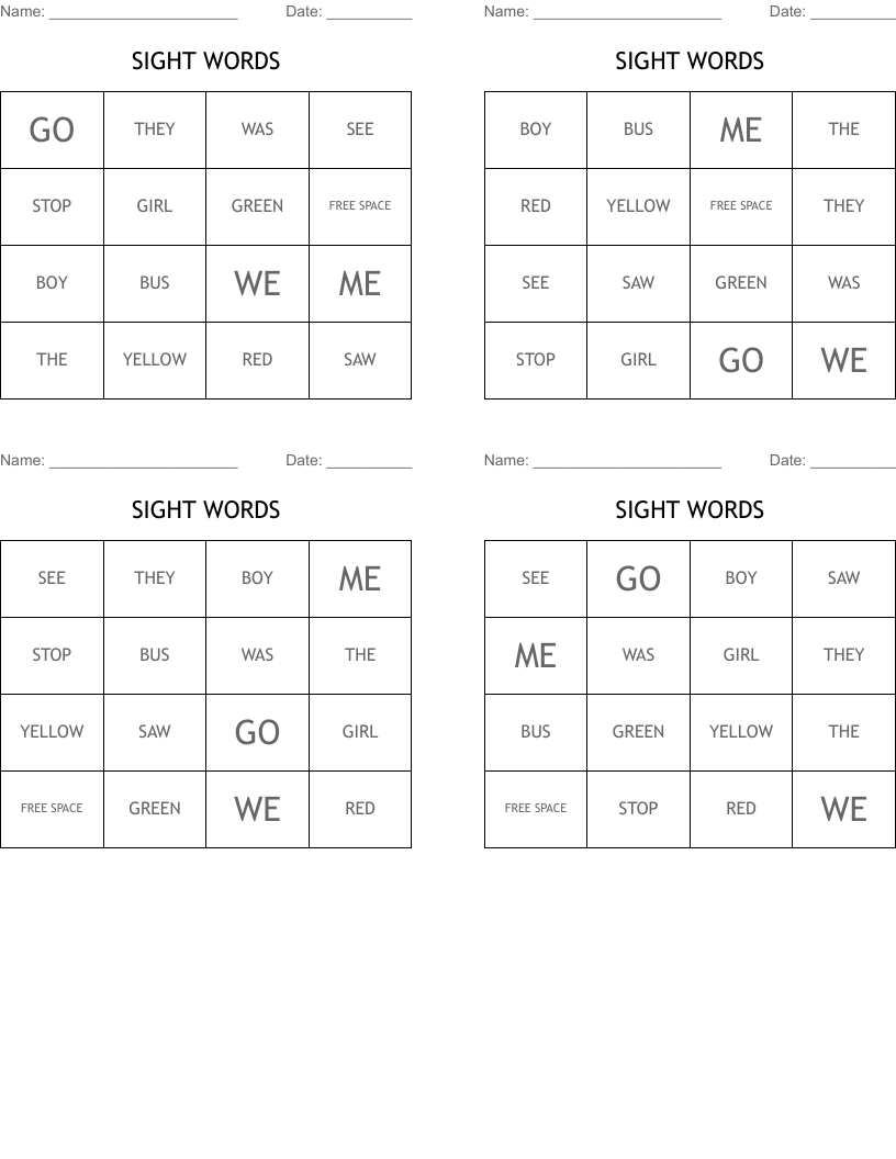 SIGHT WORDS Bingo Cards