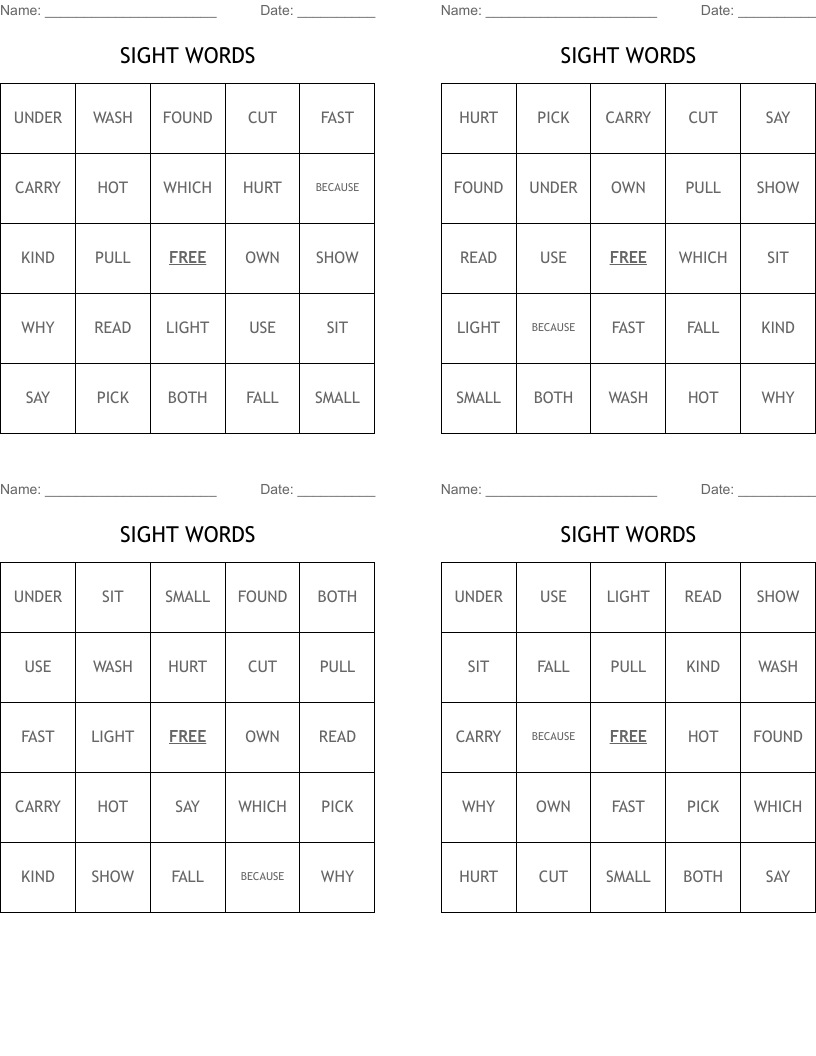 SIGHT WORDS Bingo Cards