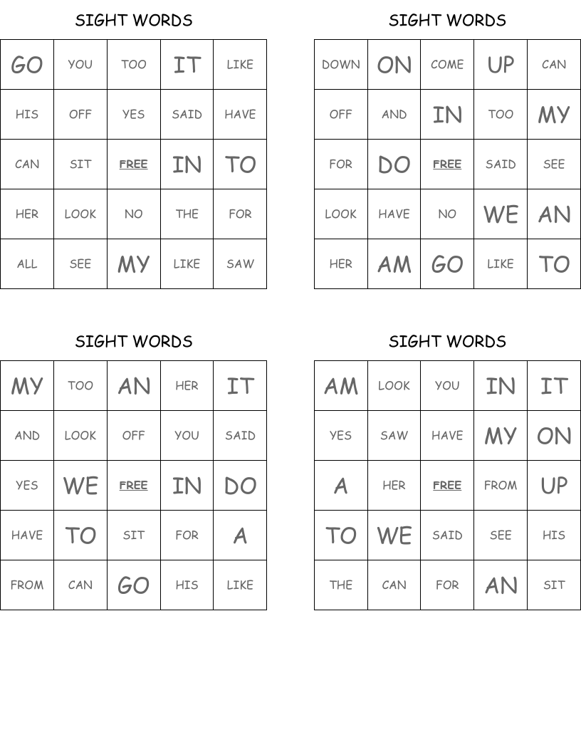 SIGHT WORDS Bingo Cards