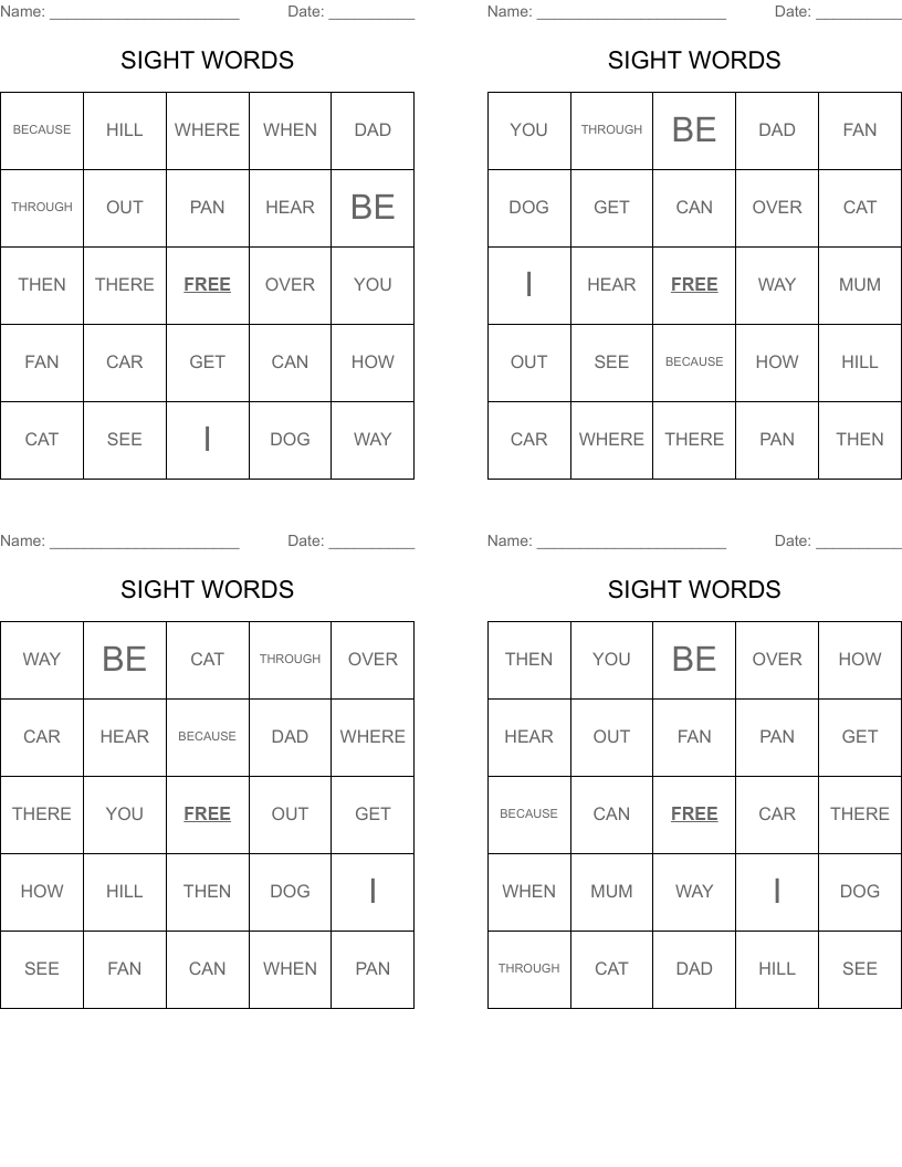 SIGHT WORDS Bingo Cards