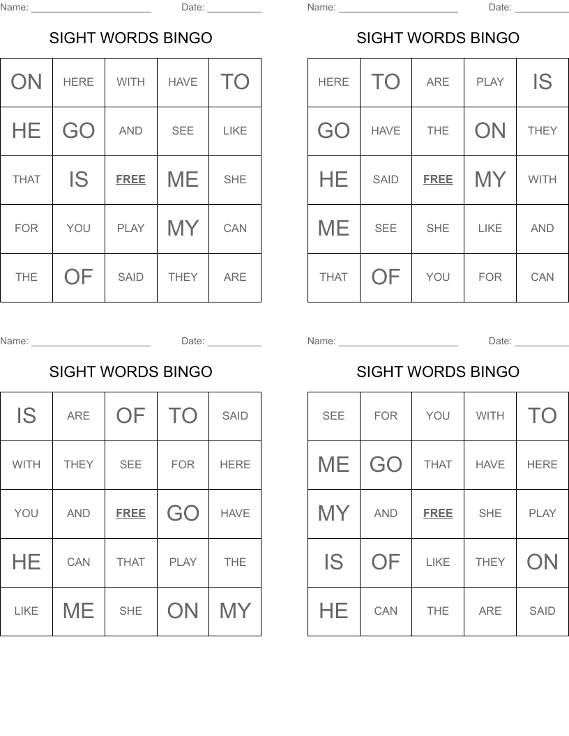SIGHT WORDS BINGO