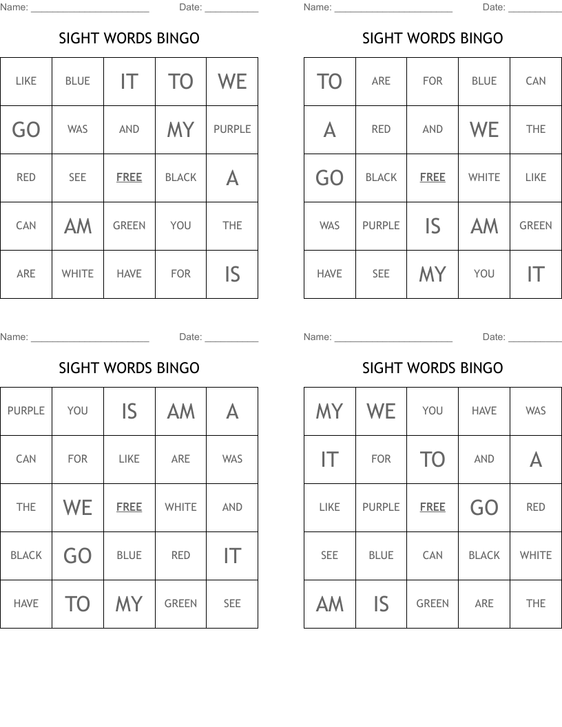 SIGHT WORDS BINGO