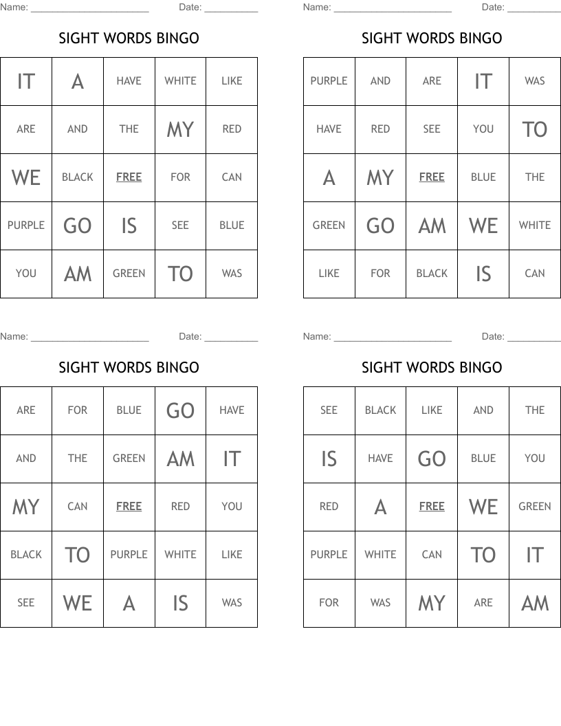 SIGHT WORDS BINGO