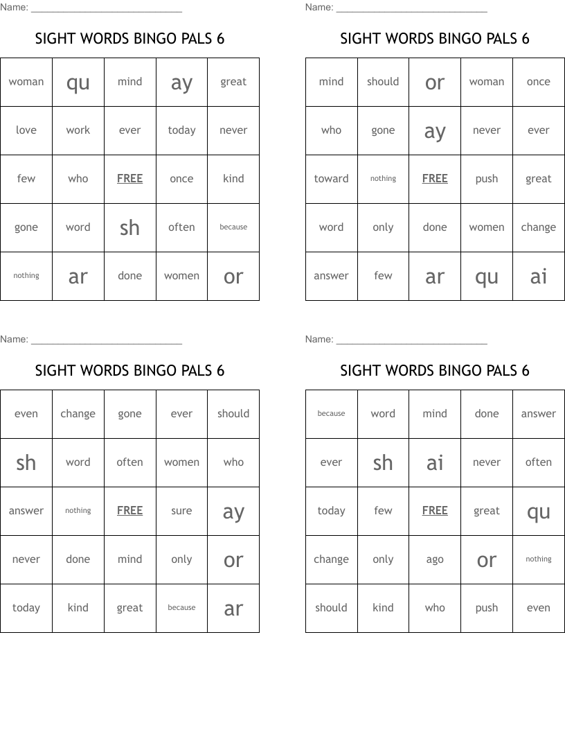 SIGHT WORDS BINGO PALS 6