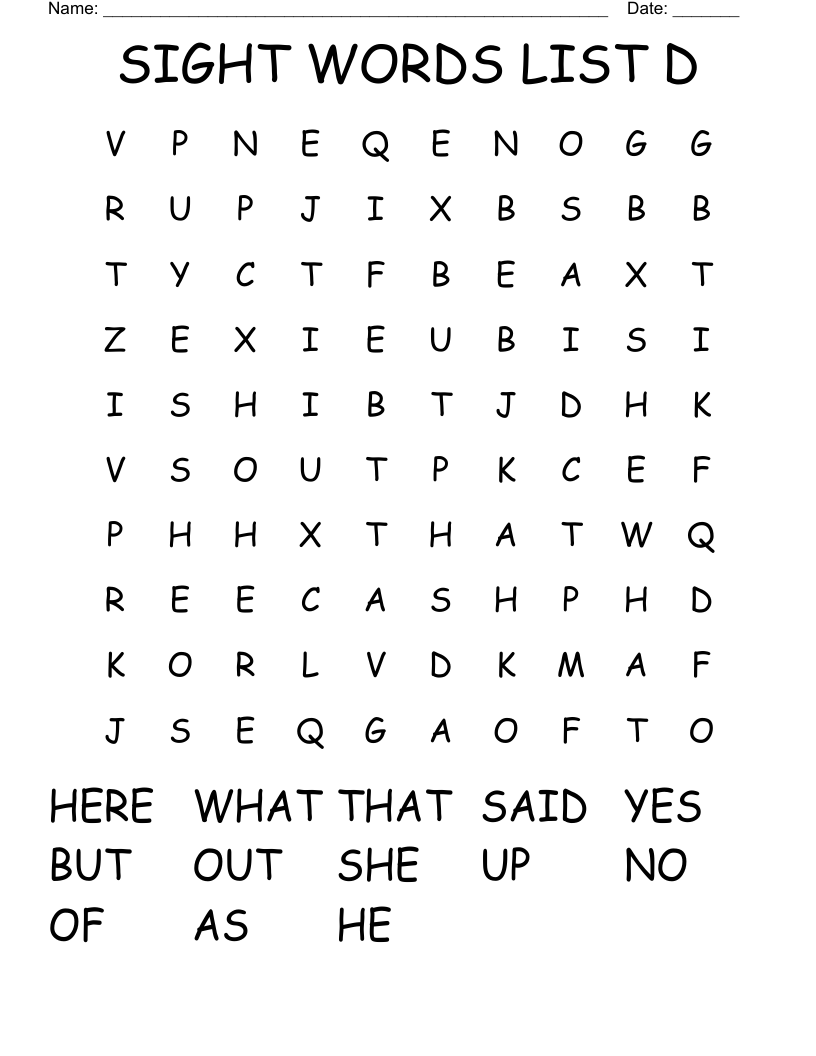 SIGHT WORDS LIST D Word Search