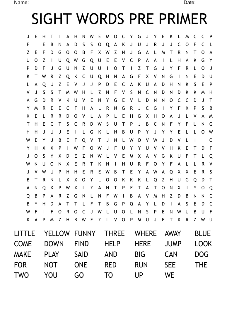 SIGHT WORDS PRE PRIMER Word Search