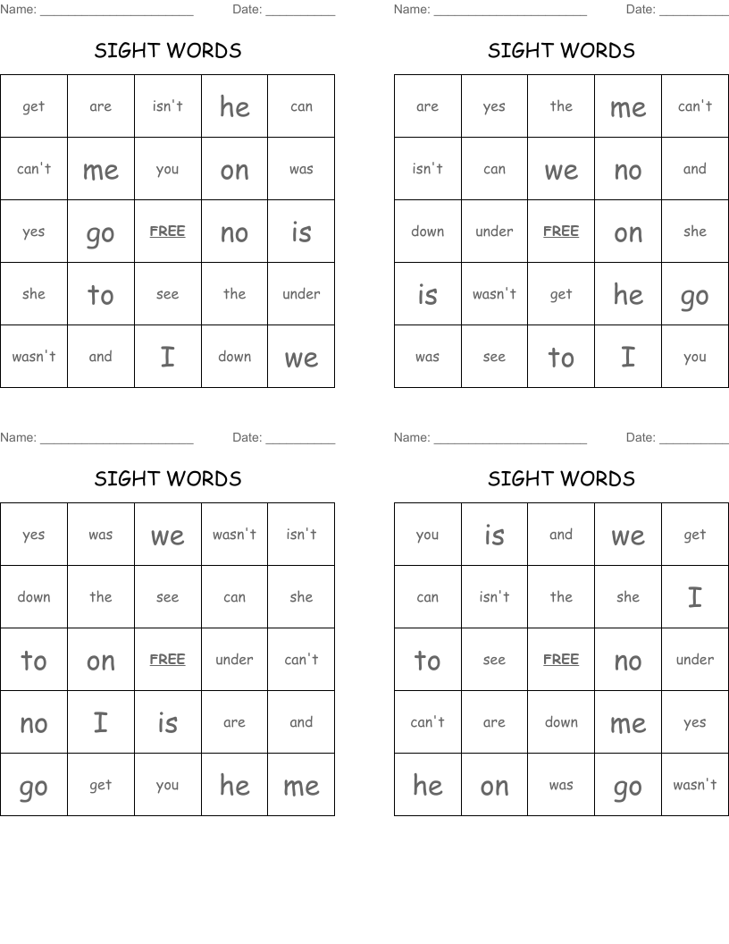 SIGHT WORDS  Bingo Cards