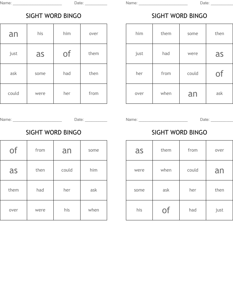 SIGHT WORD BINGO