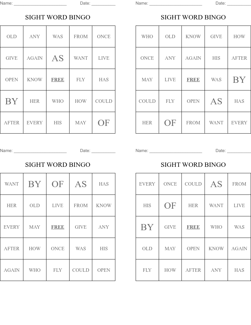 SIGHT WORD BINGO