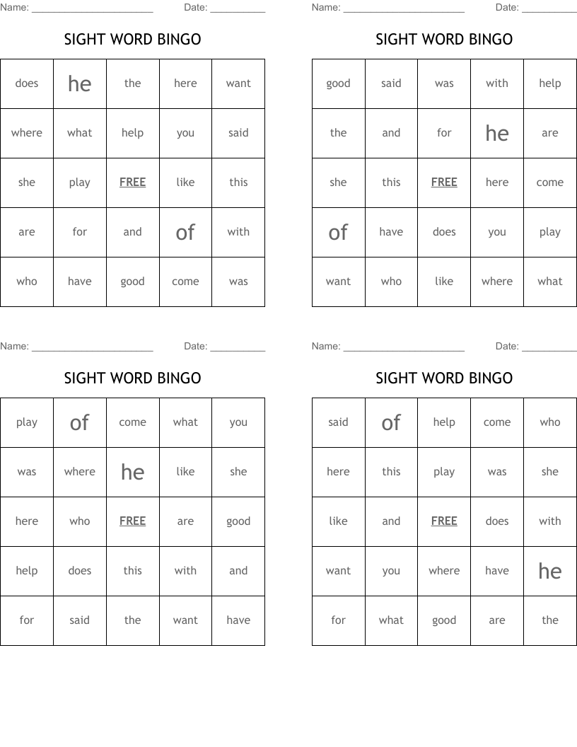 SIGHT WORD BINGO