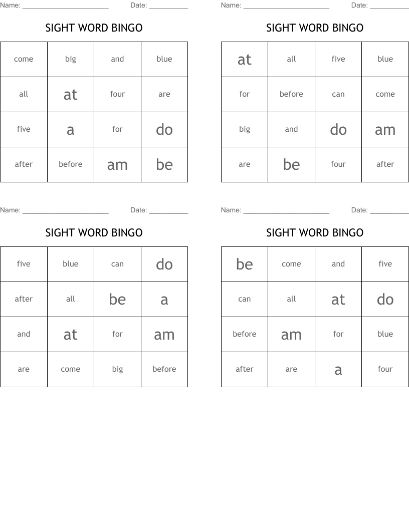 SIGHT WORD BINGO