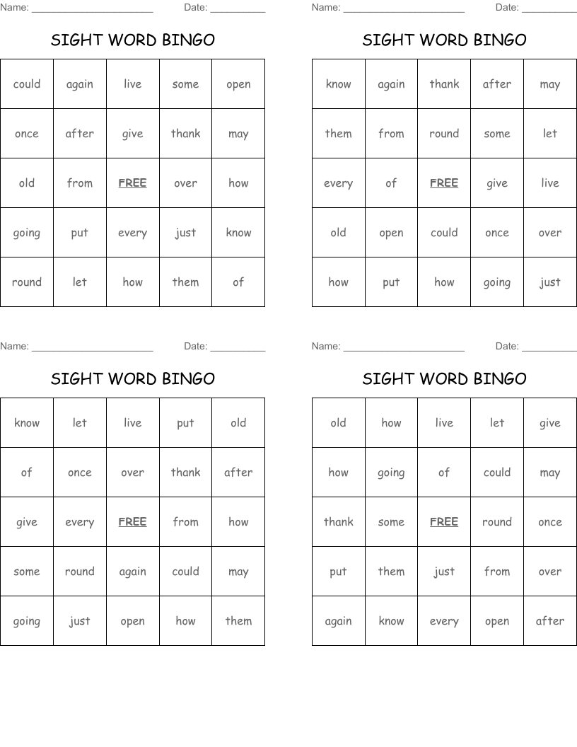 SIGHT WORD BINGO