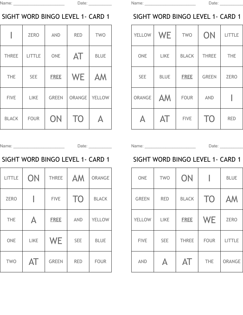 SIGHT WORD BINGO LEVEL 1- CARD 1