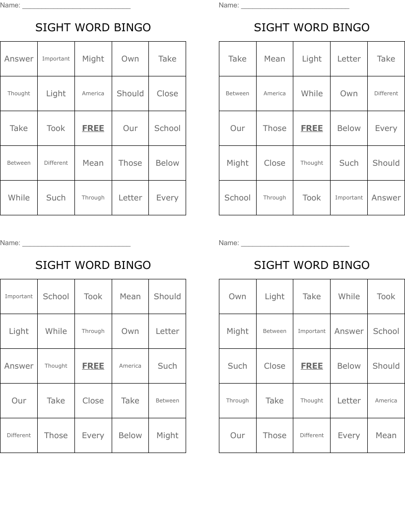 SIGHT WORD BINGO 