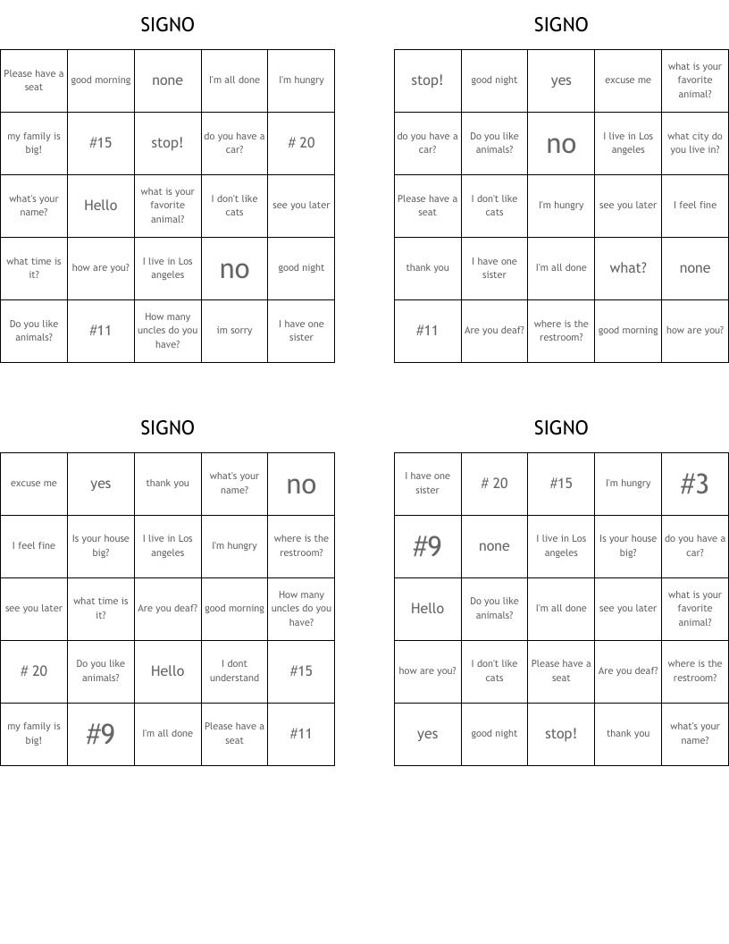 SIGNO Bingo Cards