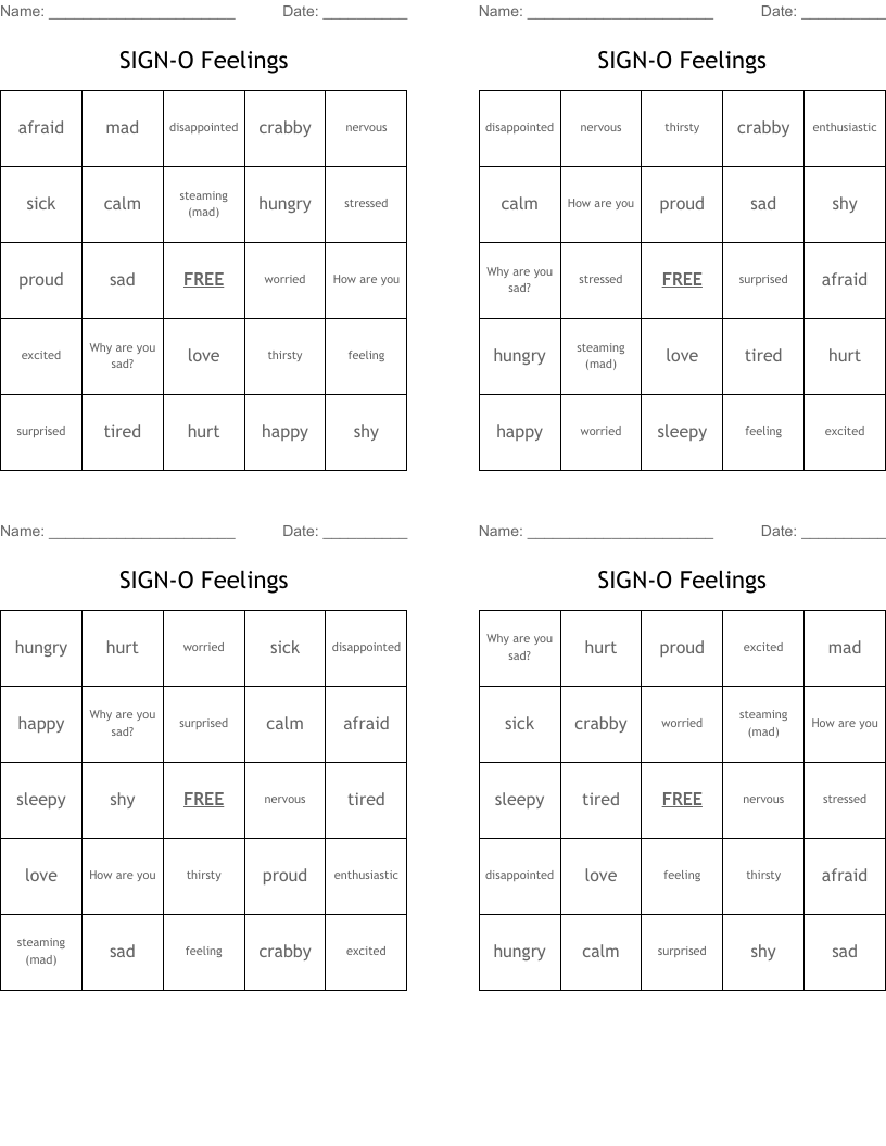 SIGN-O Feelings Bingo Cards