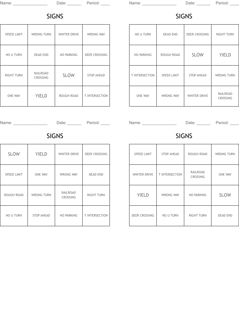 SIGNS Bingo Cards