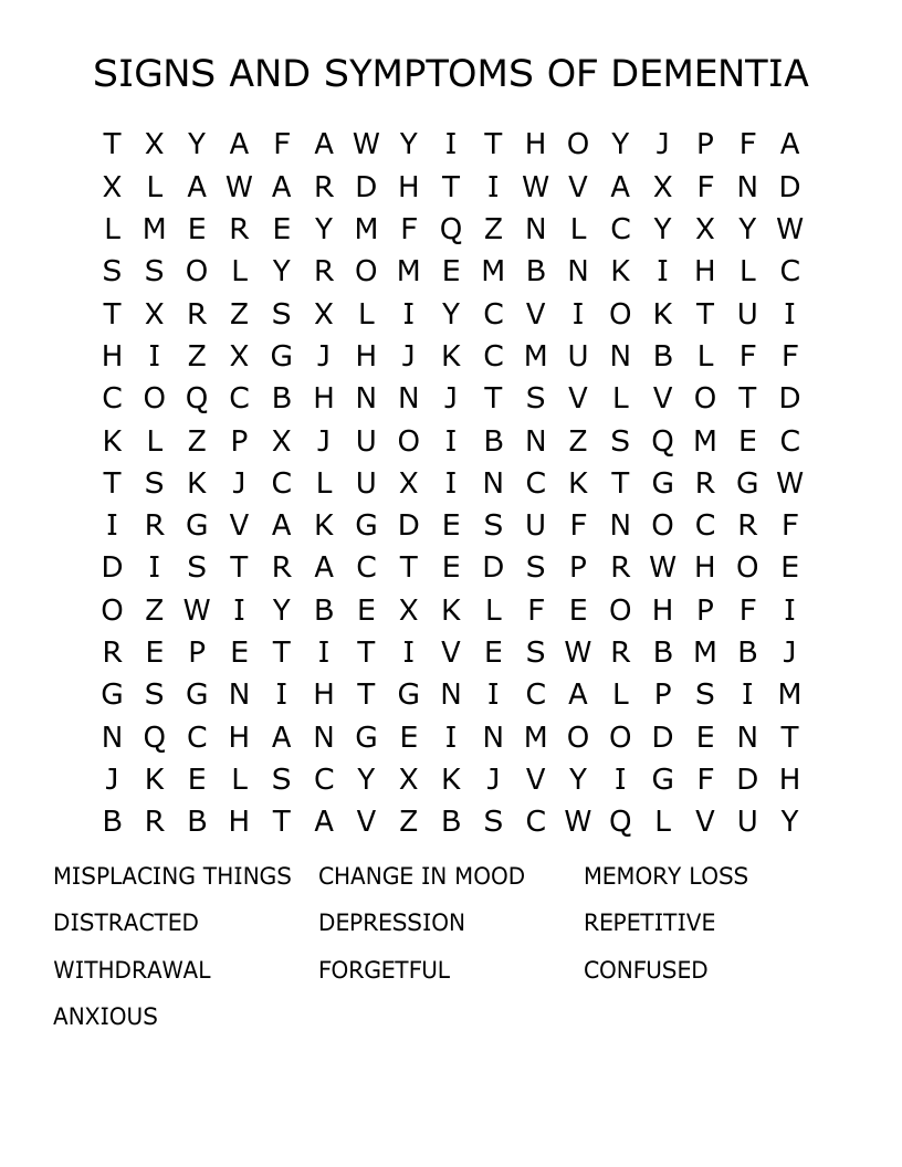 SIGNS AND SYMPTOMS OF DEMENTIA Word Search