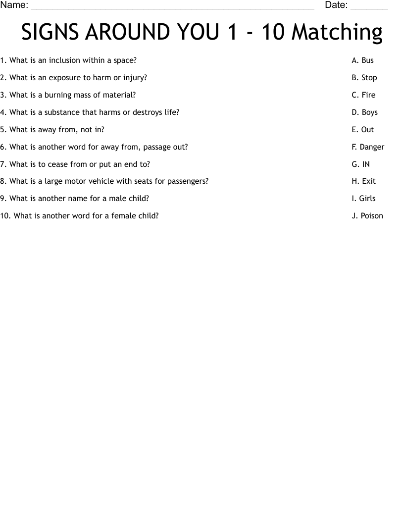 SIGNS AROUND YOU 1 - 10 Matching Worksheet