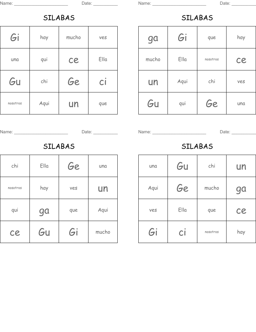 SILABAS Bingo Cards