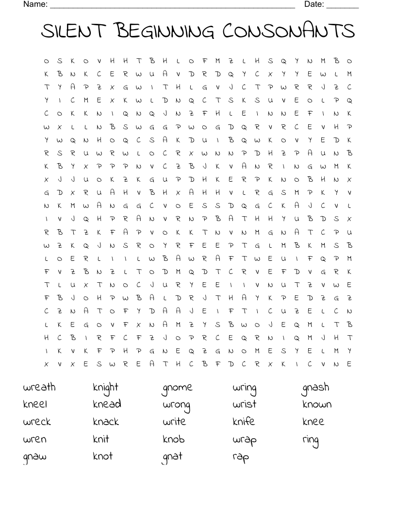 SILENT BEGINNING CONSONANTS Word Search