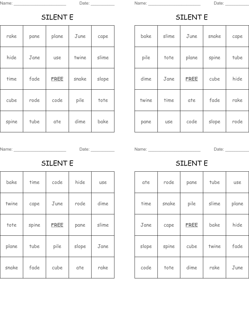 SILENT E Bingo Cards