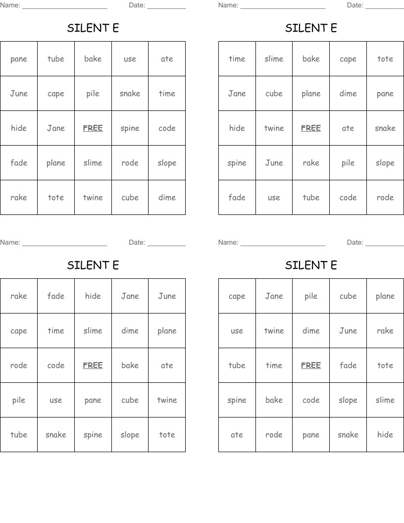 SILENT E Bingo Cards