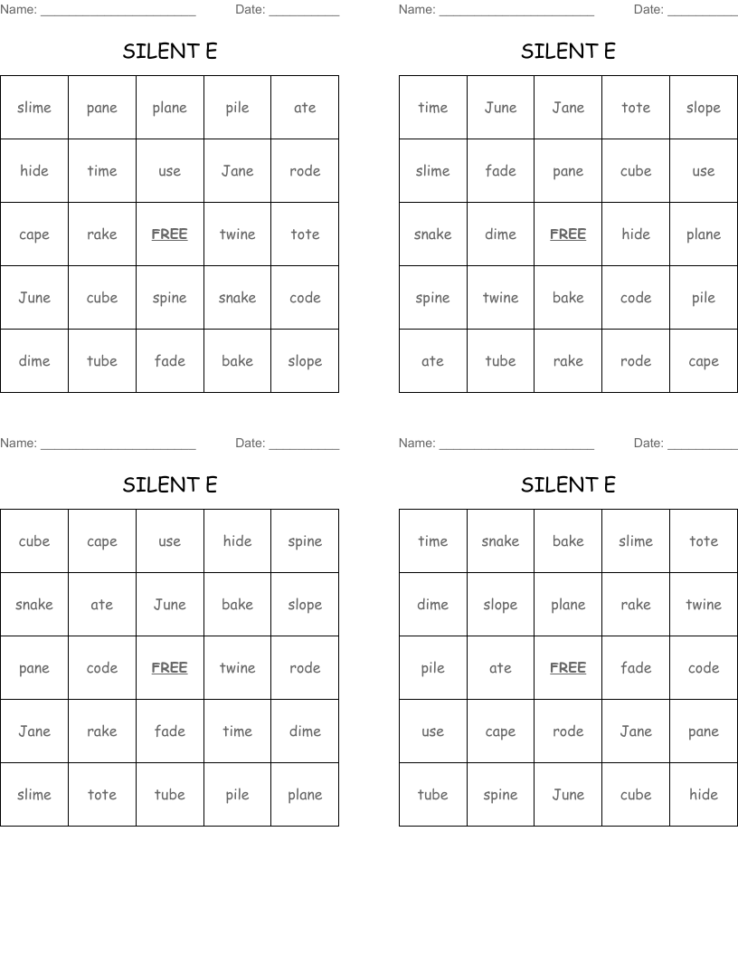 SILENT E Bingo Cards