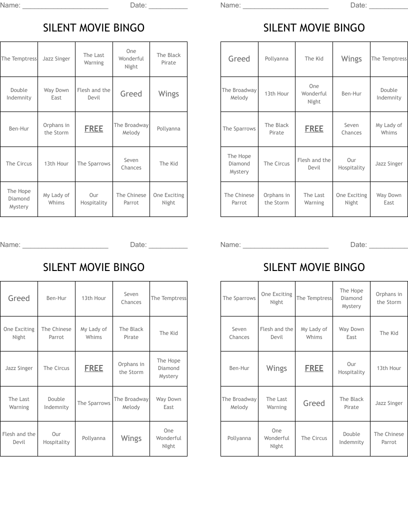 SILENT MOVIE BINGO
