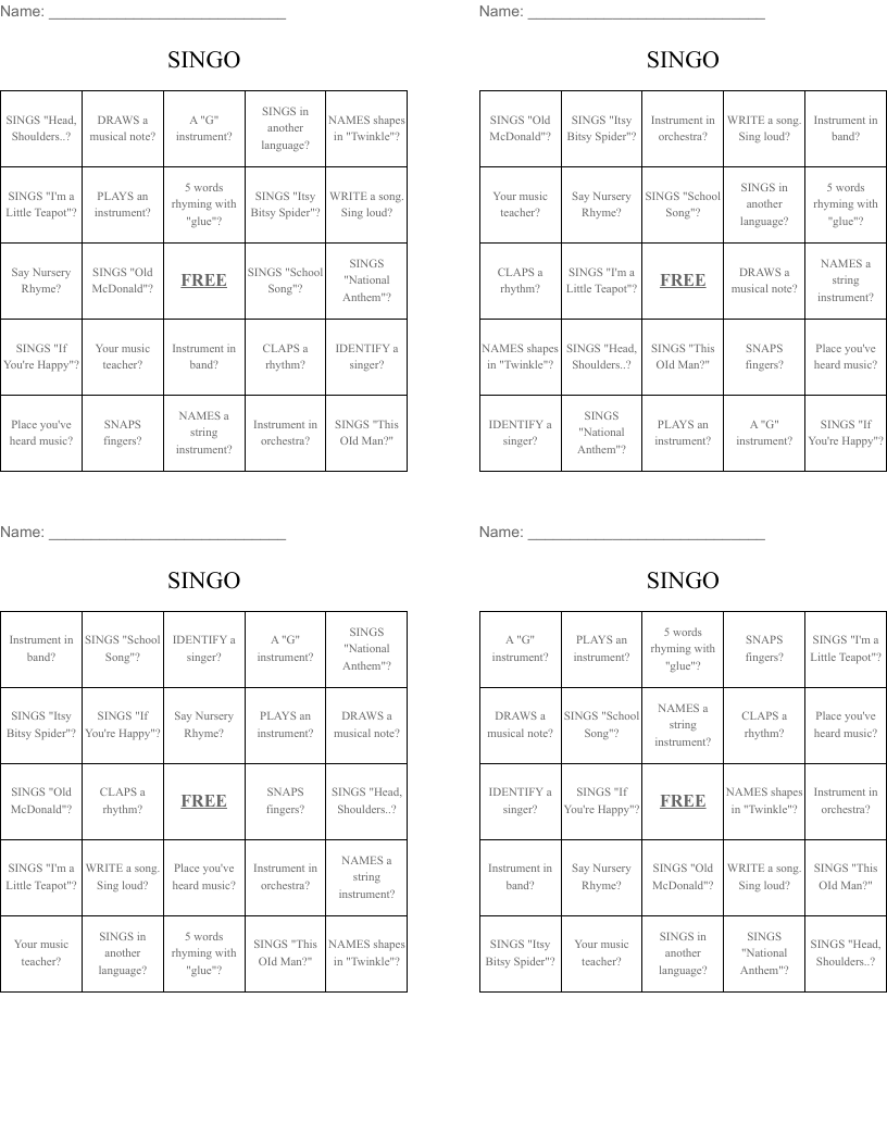 SINGO Bingo Cards