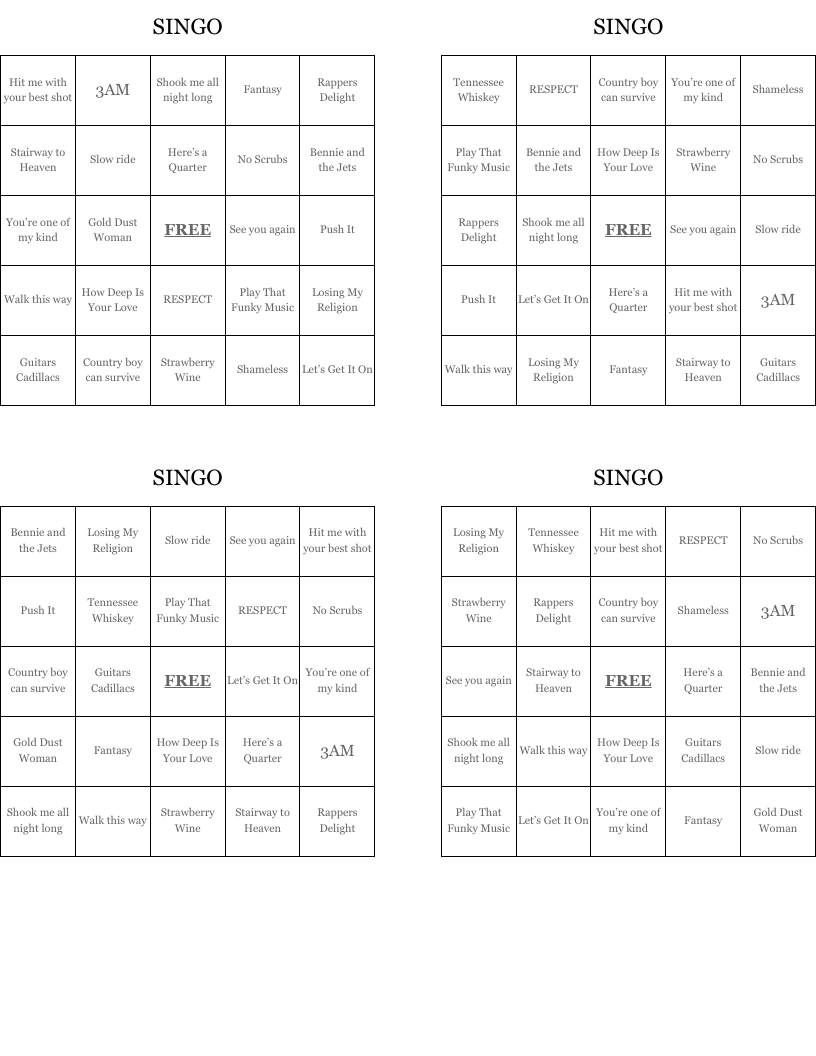 SINGO Bingo Cards