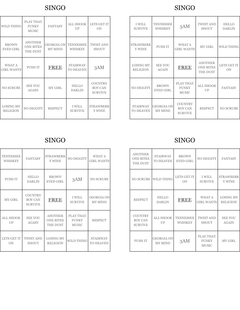 SINGO Bingo Cards