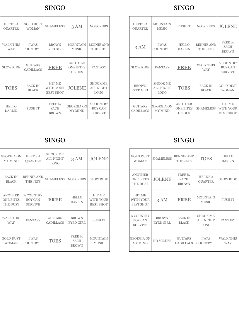 SINGO Bingo Cards