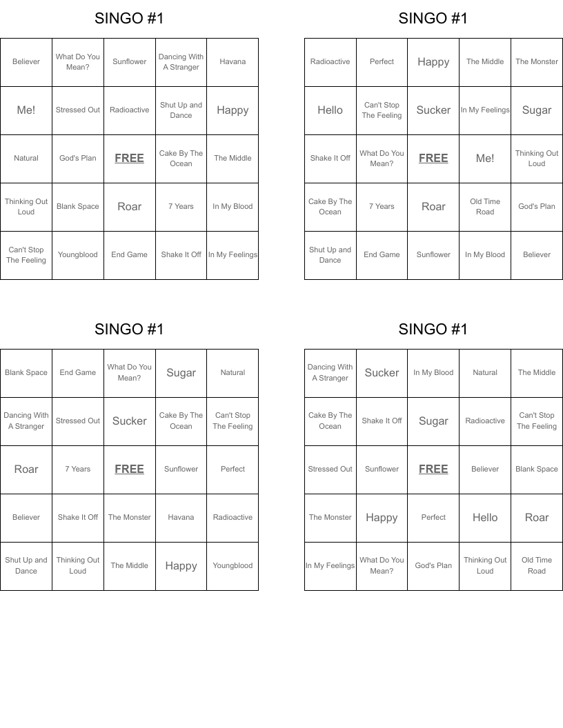 SINGO #1 Bingo Cards