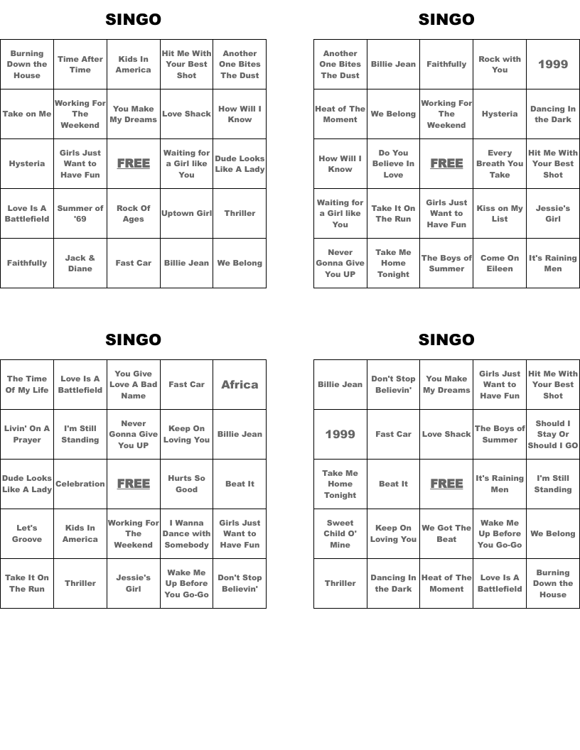 SINGO Bingo Cards