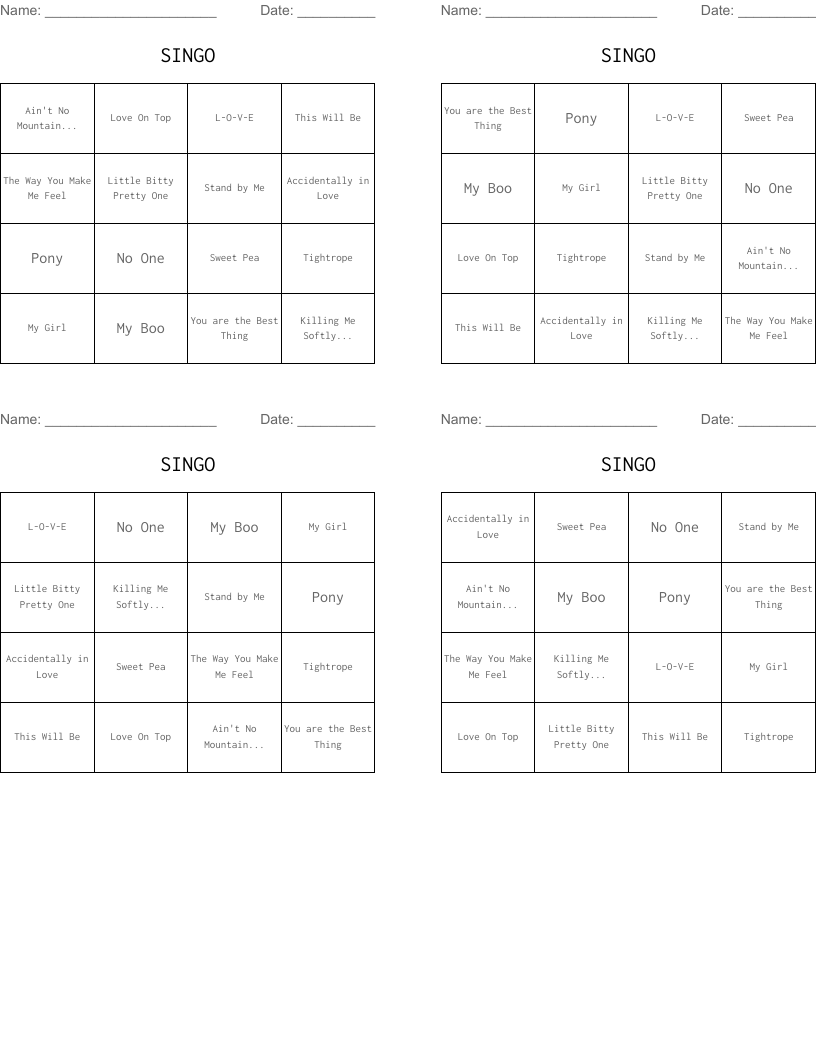 SINGO Bingo Cards
