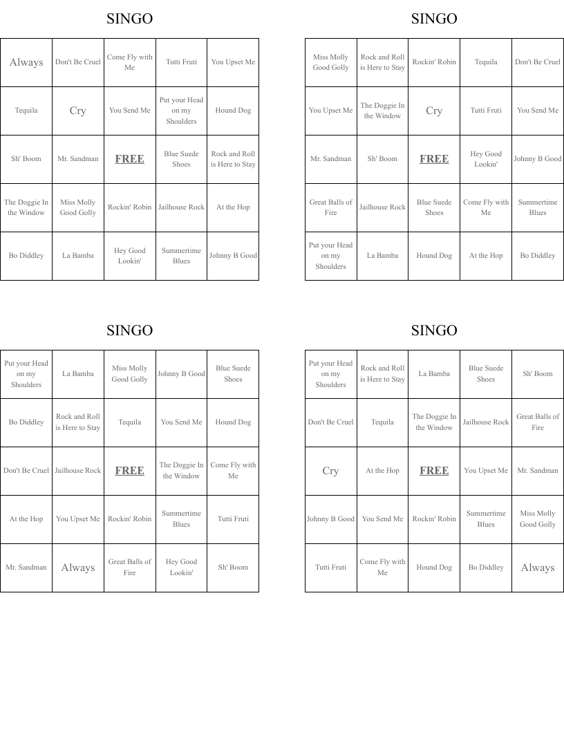 SINGO Bingo Cards