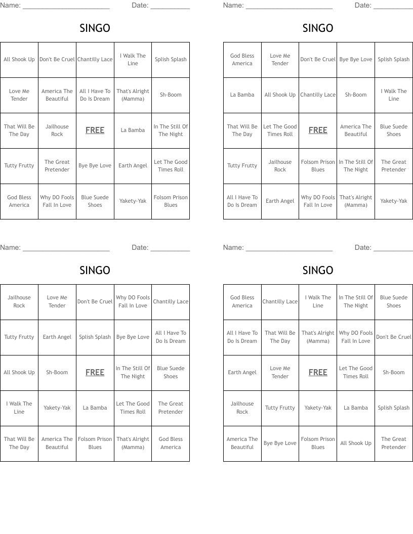 SINGO Bingo Cards