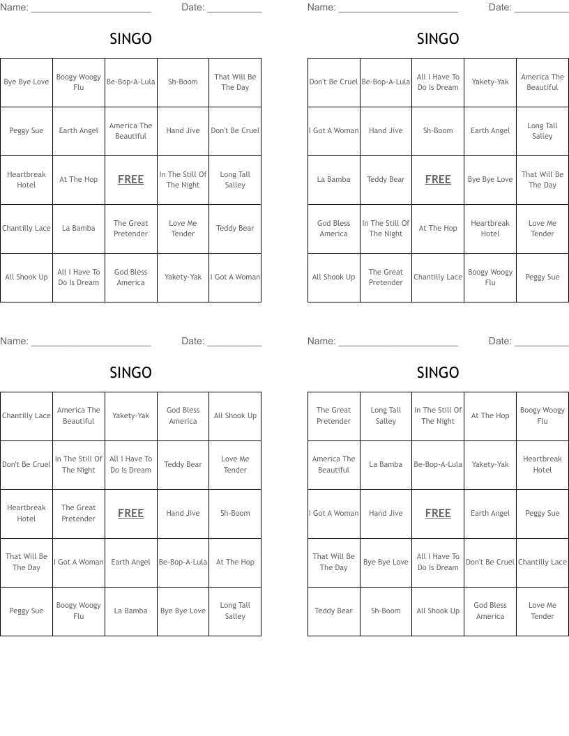 SINGO Bingo Cards