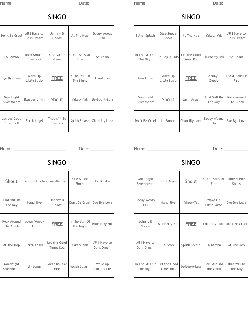 SINGO Bingo Cards