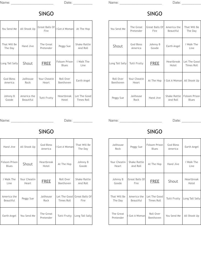 SINGO Bingo Cards