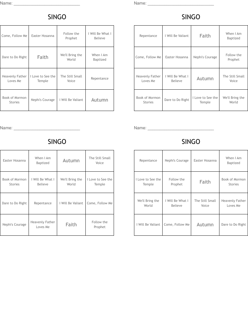 SINGO  Bingo Cards