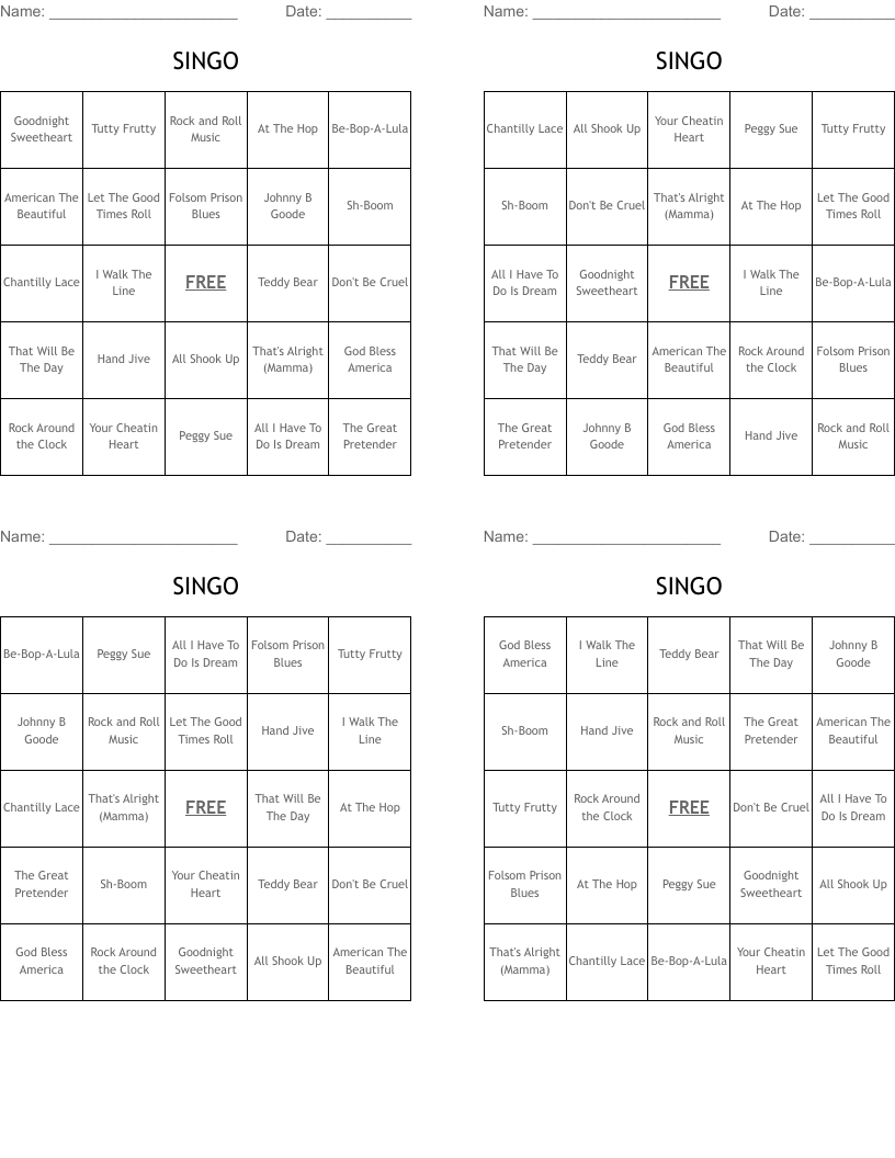 SINGO  Bingo Cards