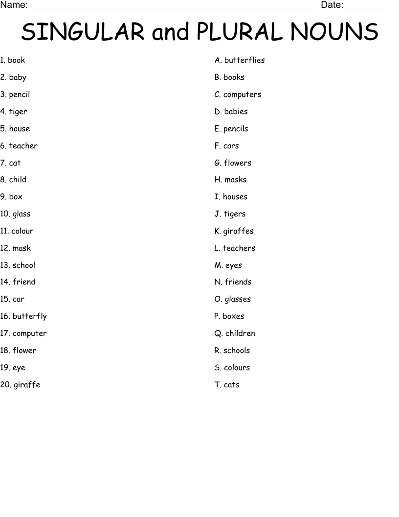 SINGULAR and PLURAL NOUNS Worksheet