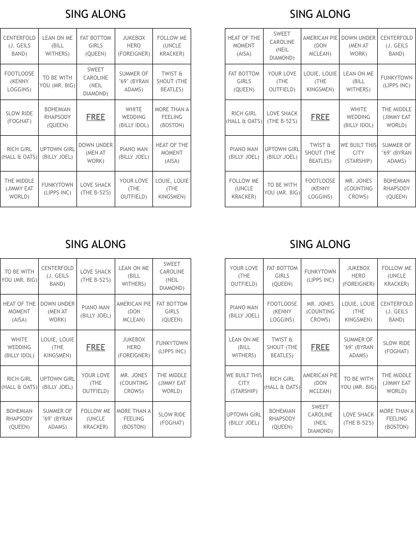 SING ALONG Bingo Cards