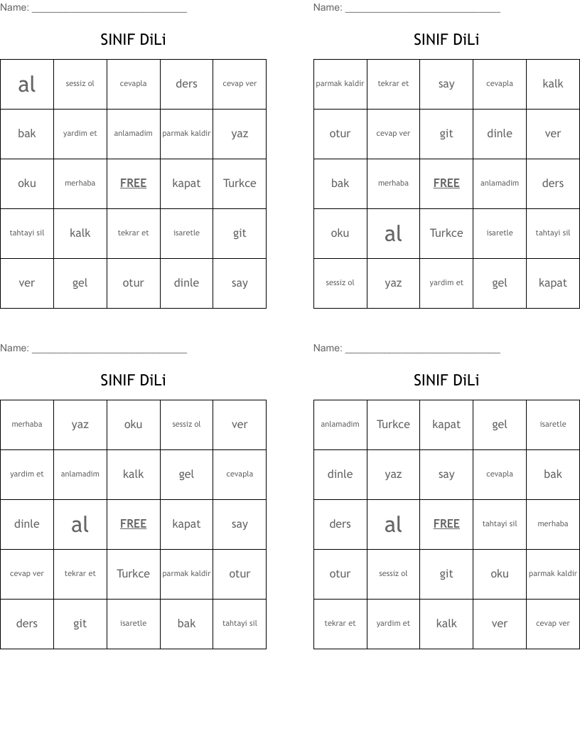 SINIF DiLi Bingo Cards